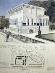 Villa Wagner, Wien, Entwurf zeigt das Äußere des Hauses, gebaut aus Stahl und Beton im strengen geometrischen Stil mit tiefblauen Paneelen und Nagelkopfschmuck, darunter ein Plan des Hauses